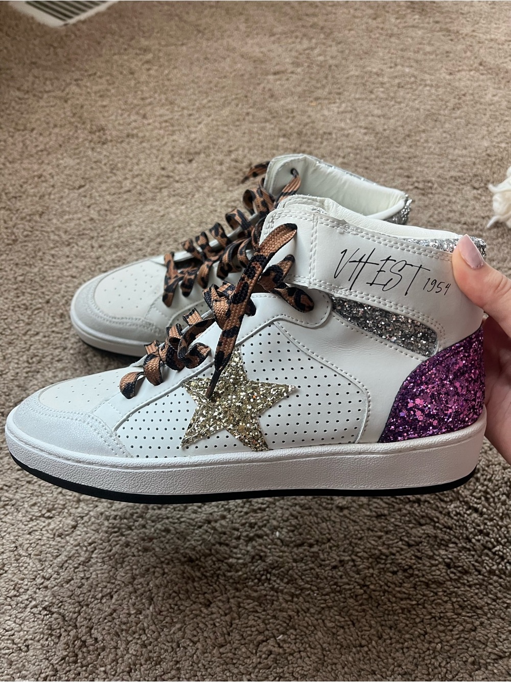 Vintage Havianas White High-Top Sneakers with Gold Star & Purple Glitter Heel